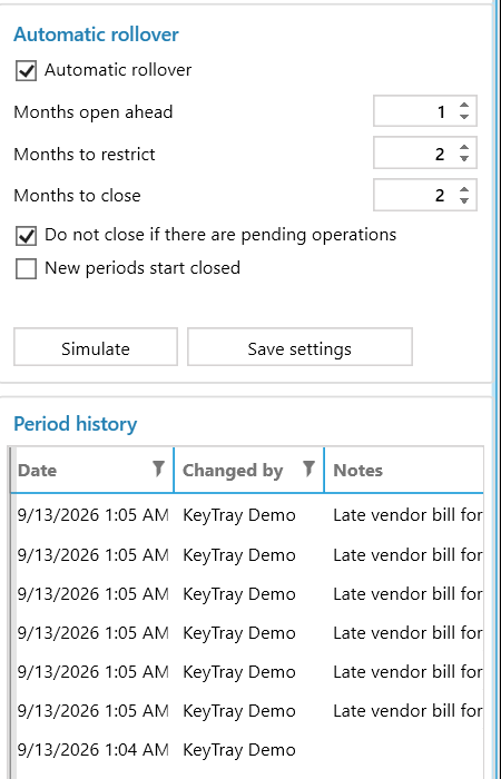 Automatic rollover settings and period history