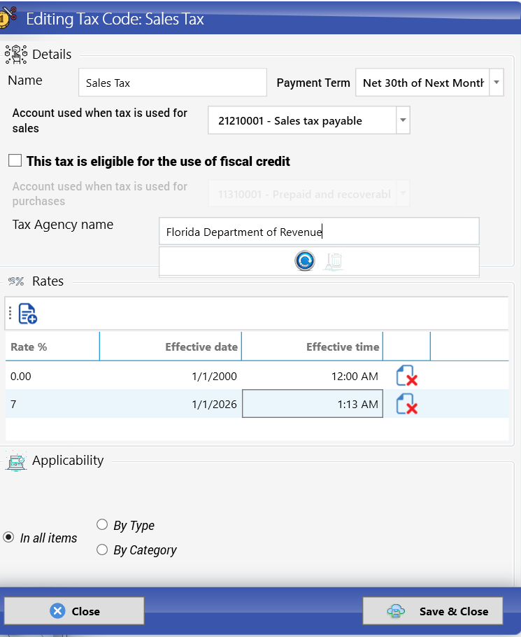 Editing the Sales Tax code and adding the 7% rate