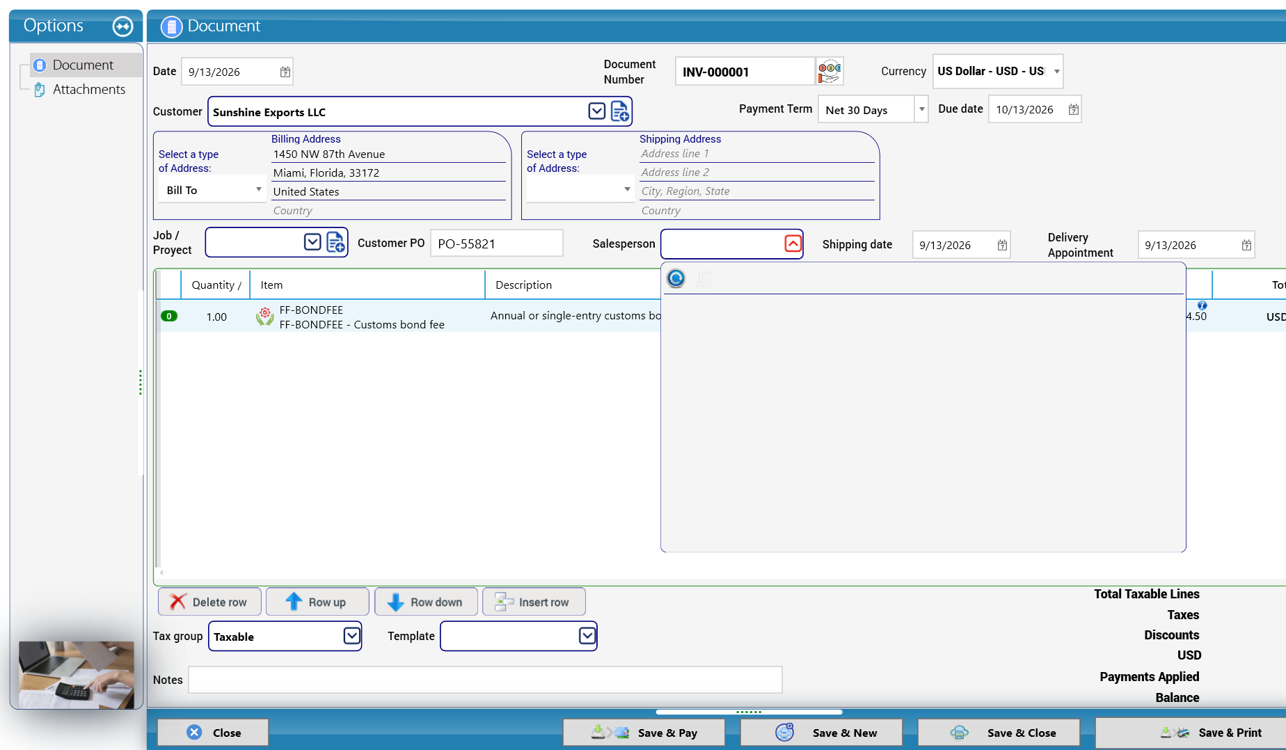Sales invoice INV-000001 for Sunshine Exports LLC