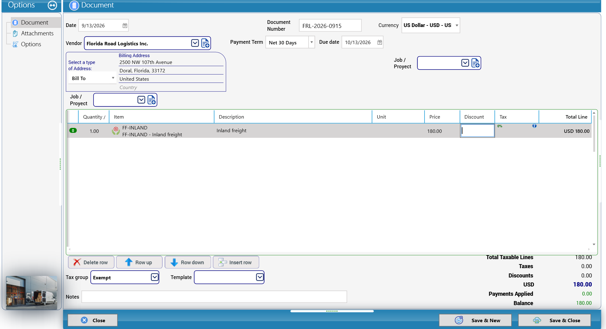 Vendor bill FRL-2026-0915 from Florida Road Logistics