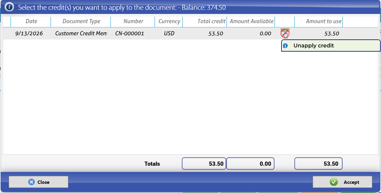 Applying credit note CN-000001 to the invoice