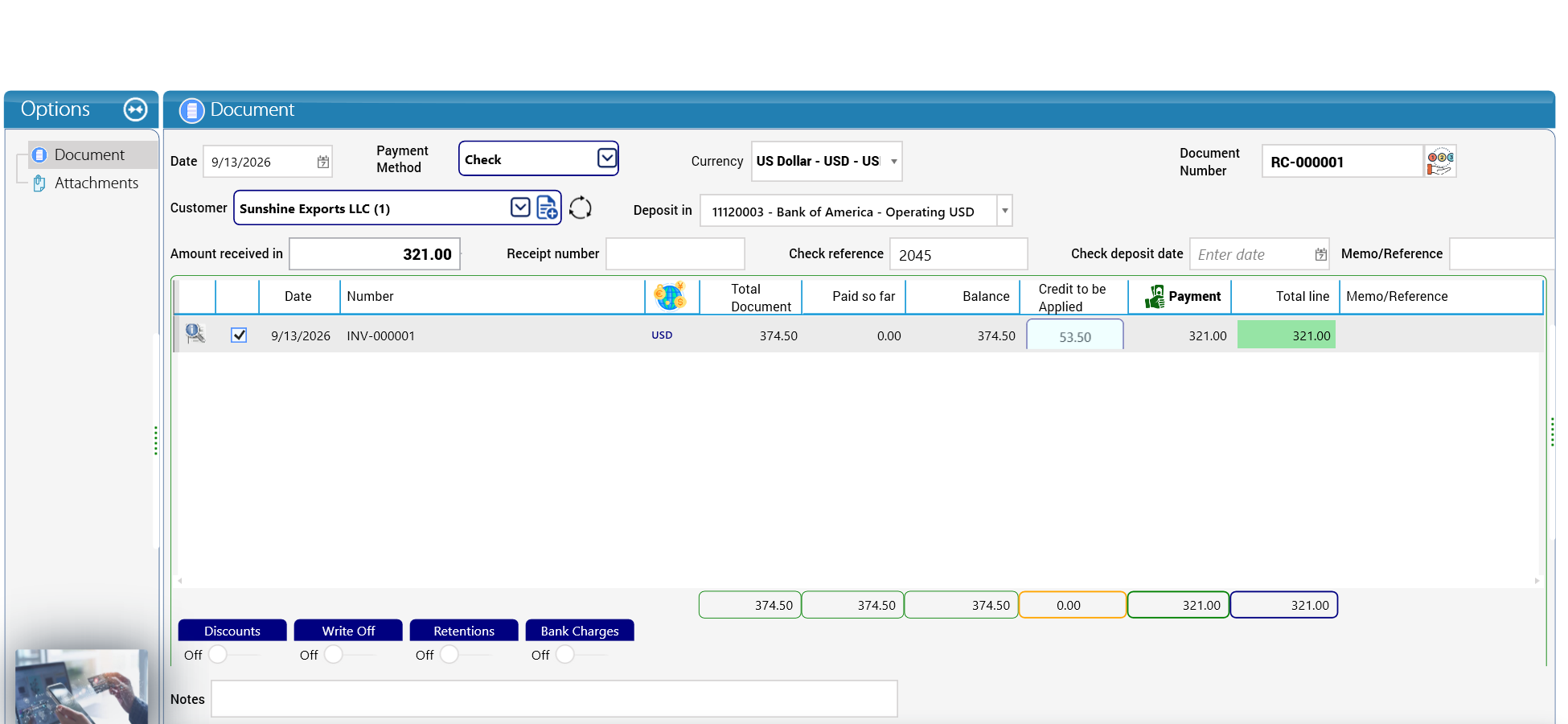 Receiving payment RC-000001 with the credit note applied