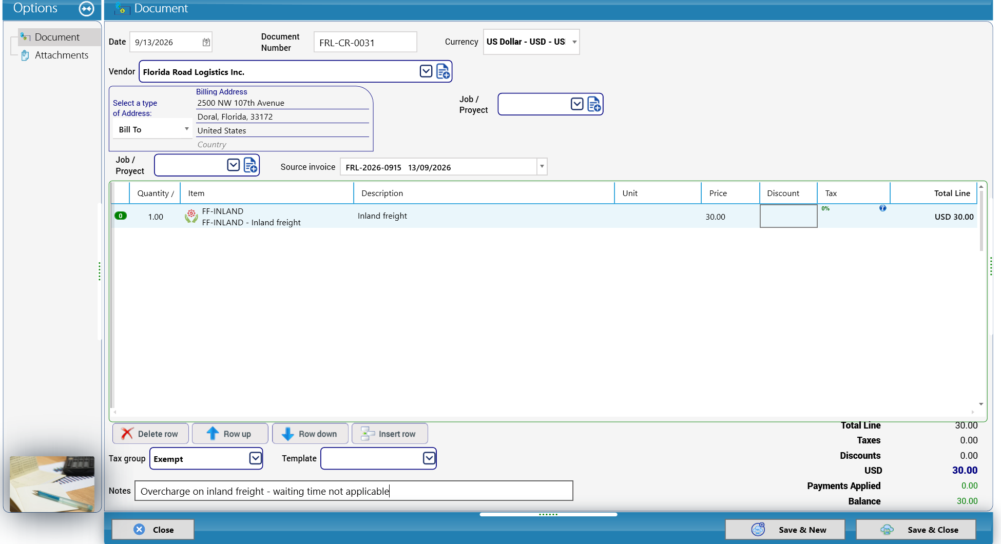 Vendor credit note FRL-CR-0031
