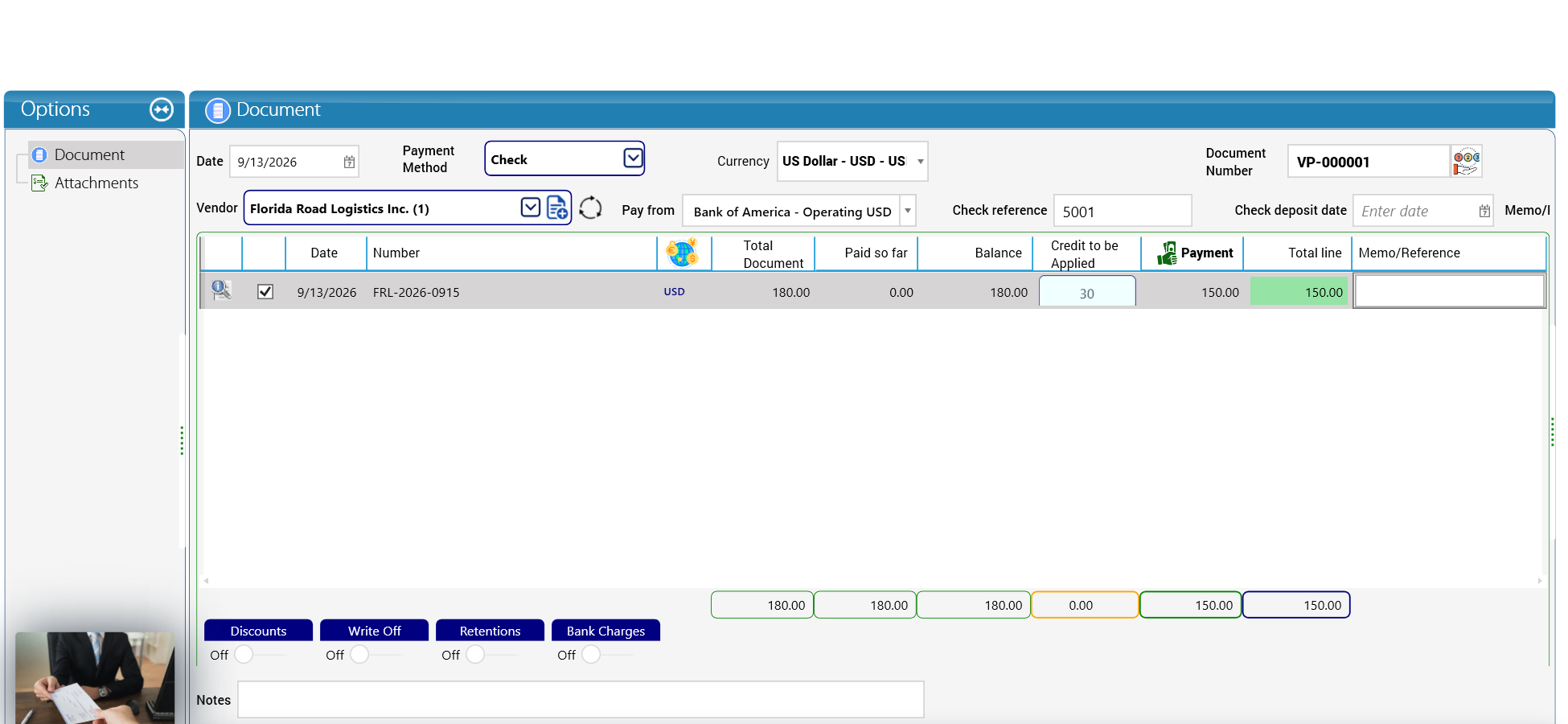 Paying bills with VP-000001 and the vendor credit applied
