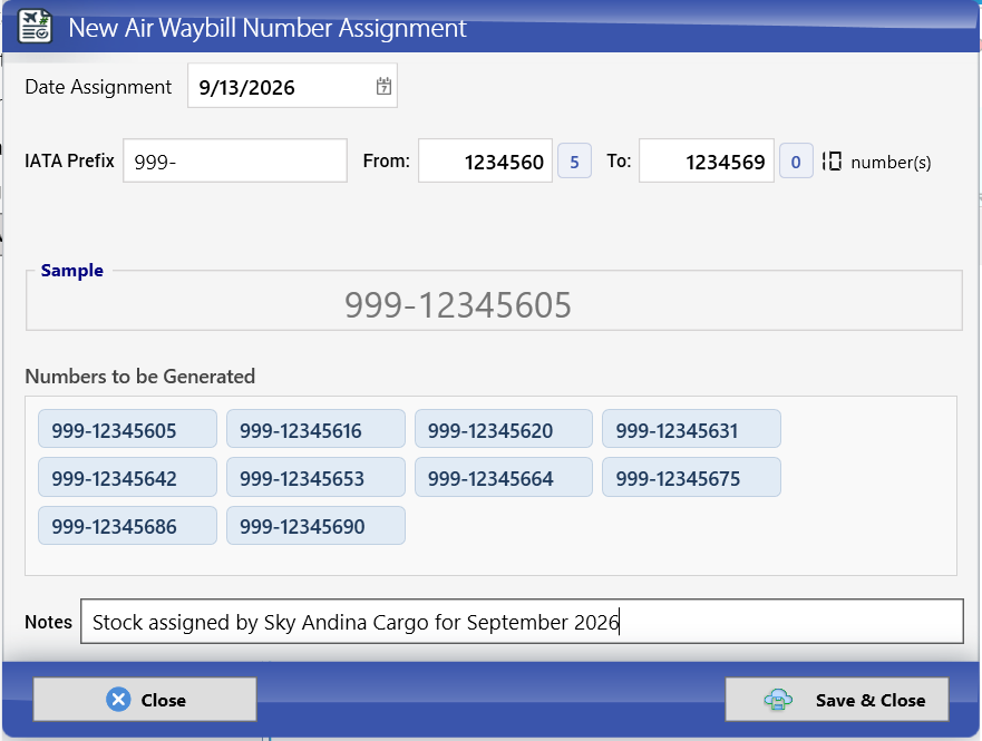 Assigning AWB stock 1234560 to 1234569