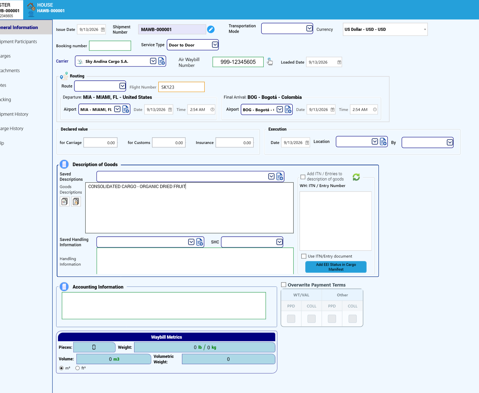Master general information with carrier, AWB and routing