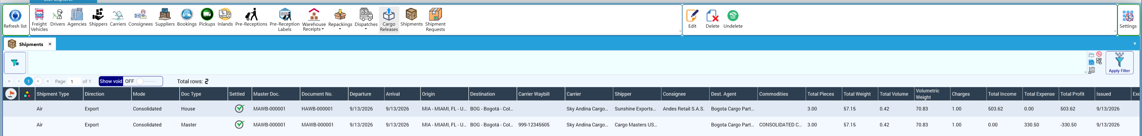 The Shipments list