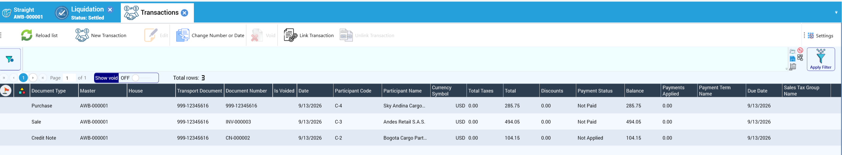 Transactions with the agent credit note