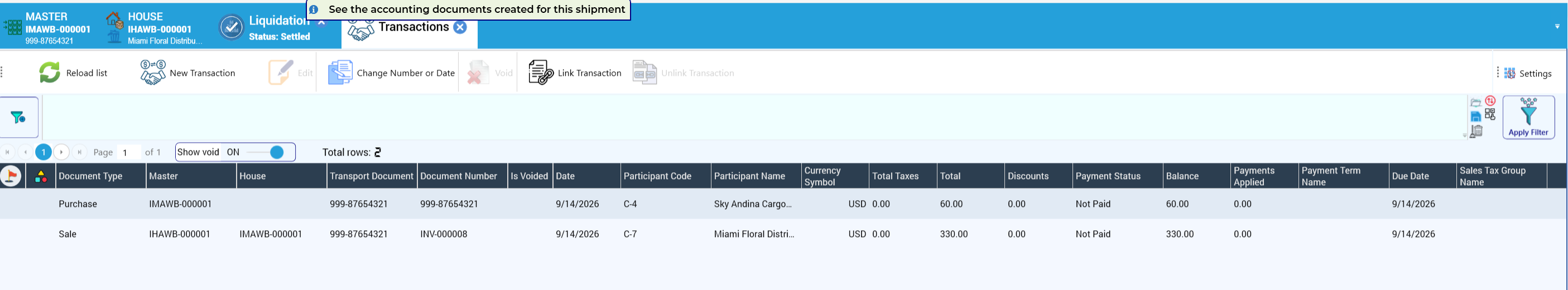 Transactions of the import