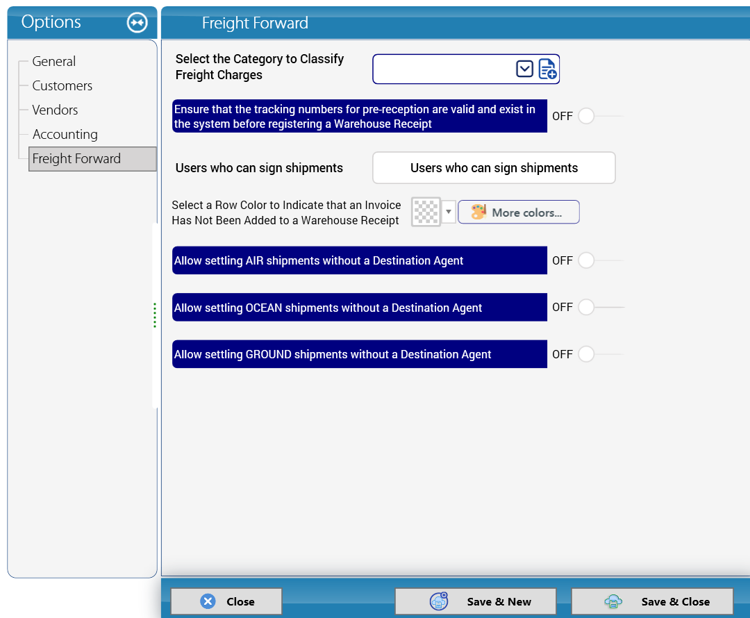 System Options > Freight Forward