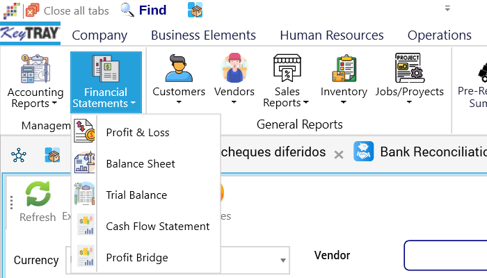 Financial Statements menu