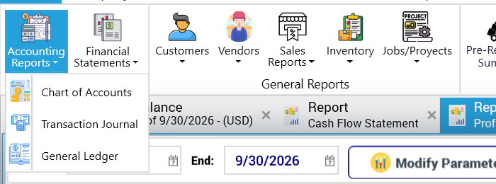 Accounting Reports menu