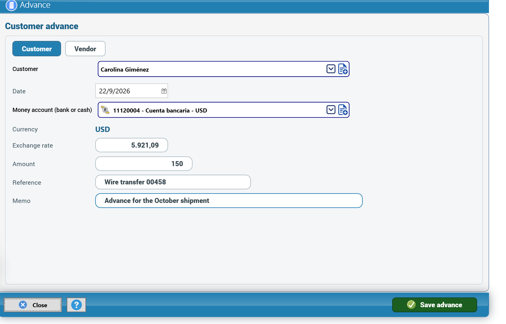 A customer advance in dollars (Paraguay screenshot)