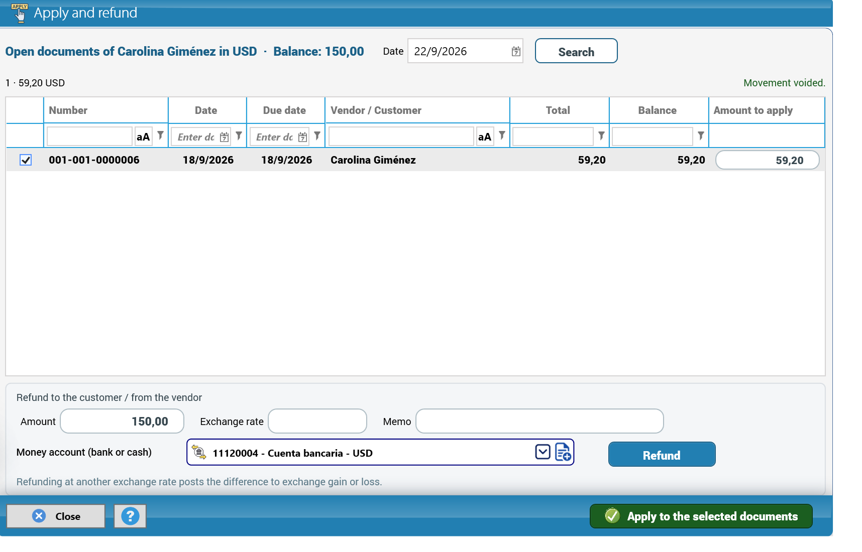 Applying the advance to an invoice (Paraguay screenshot)