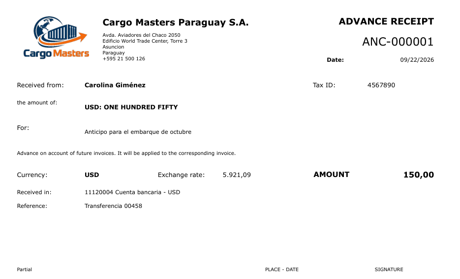 The advance receipt (Paraguay screenshot)
