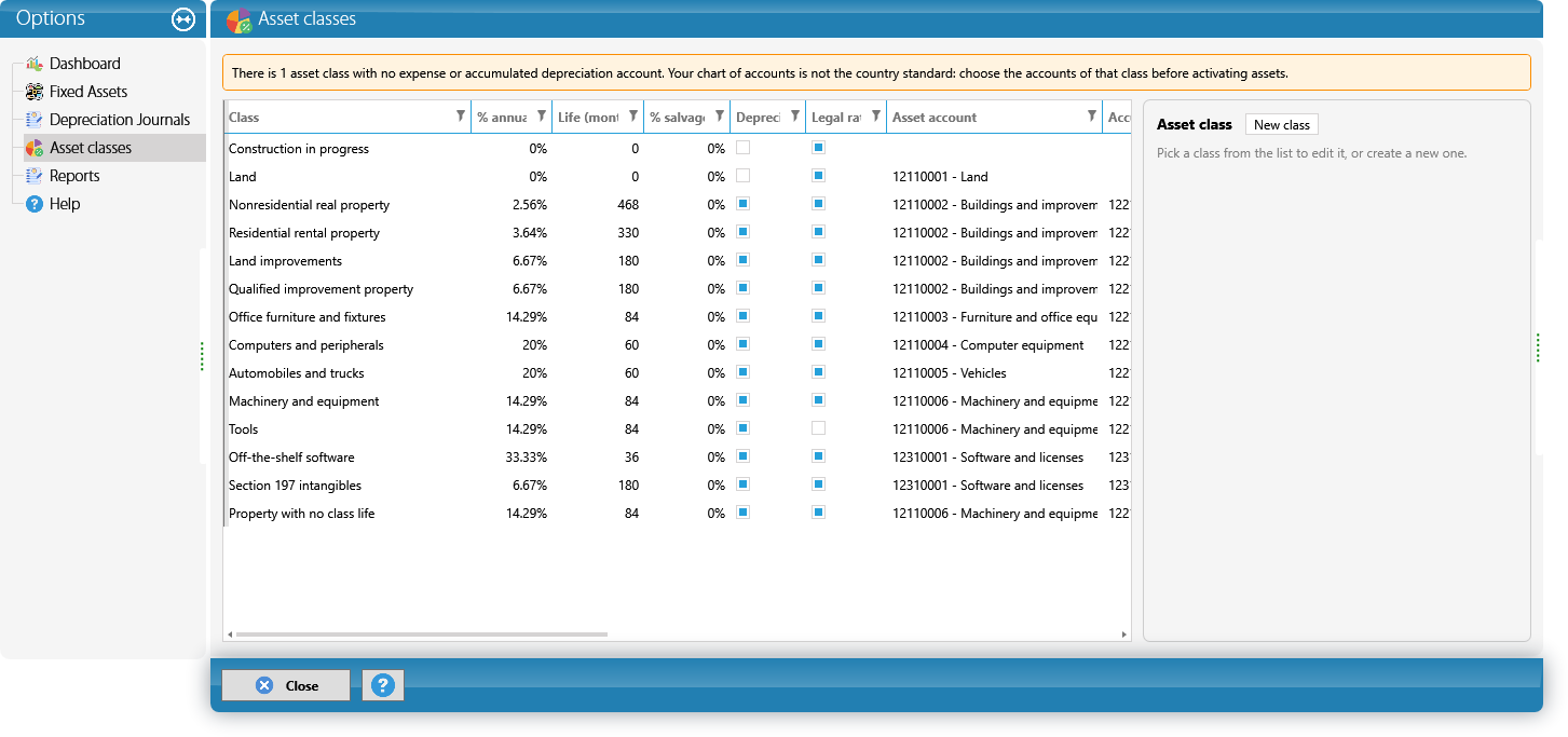 Asset classes with their accounts (Cargo Masters USA screenshot)