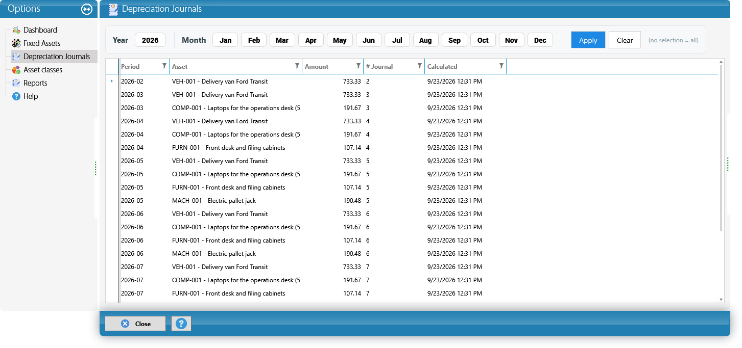 Depreciation journals, month by month (Cargo Masters USA screenshot)