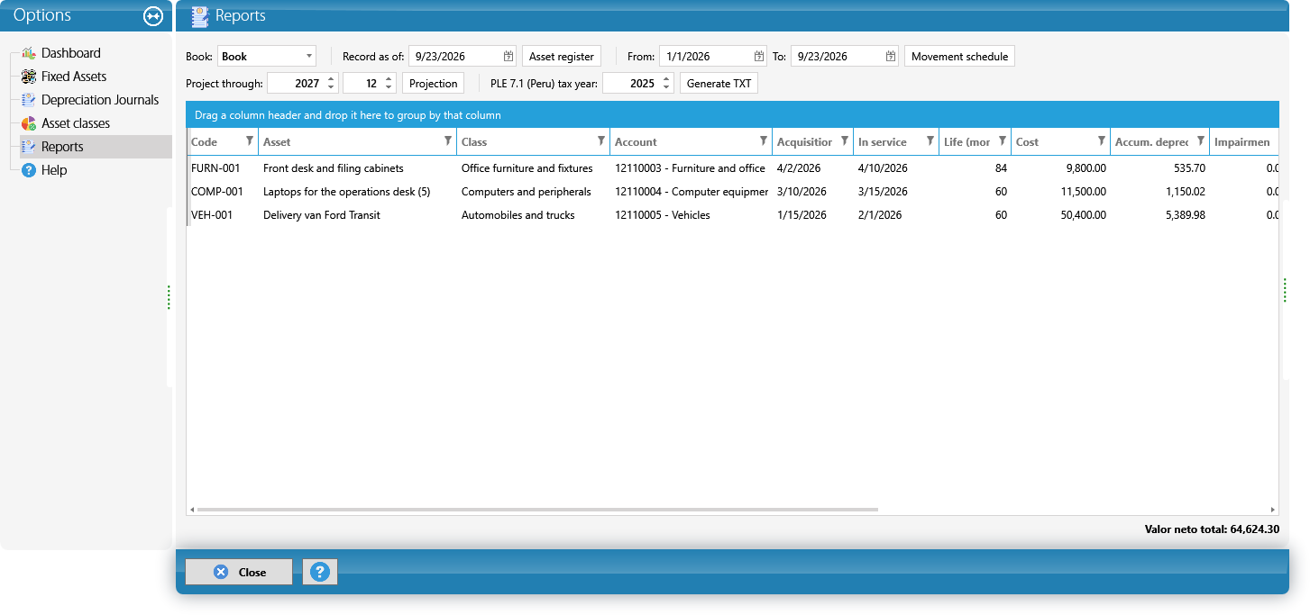 The asset register (Cargo Masters USA screenshot)