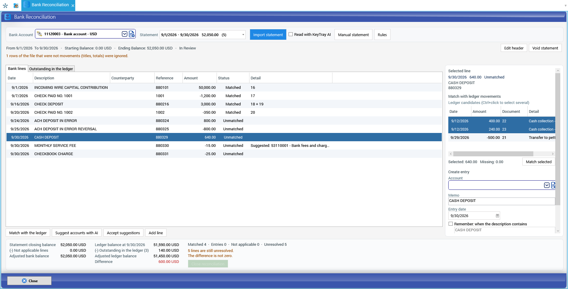 Manual match: two collections selected with Ctrl+click add up to the line