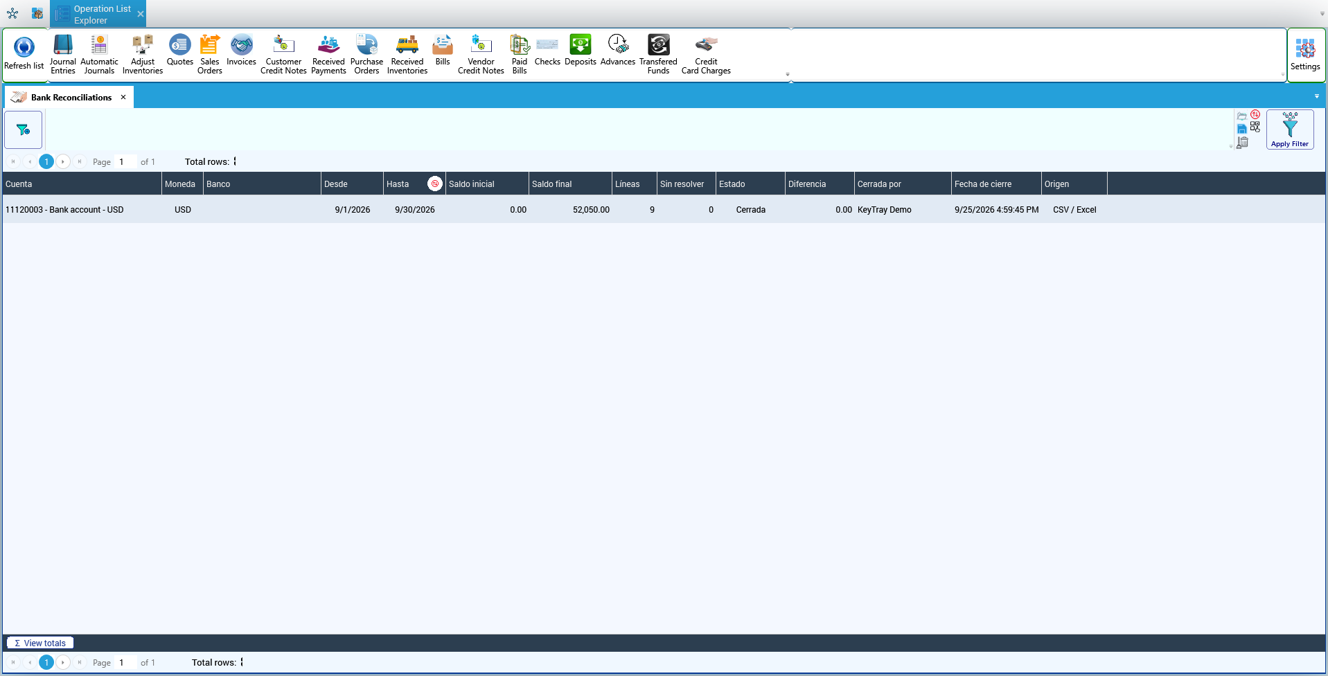 The reconciliation history in the List Explorer