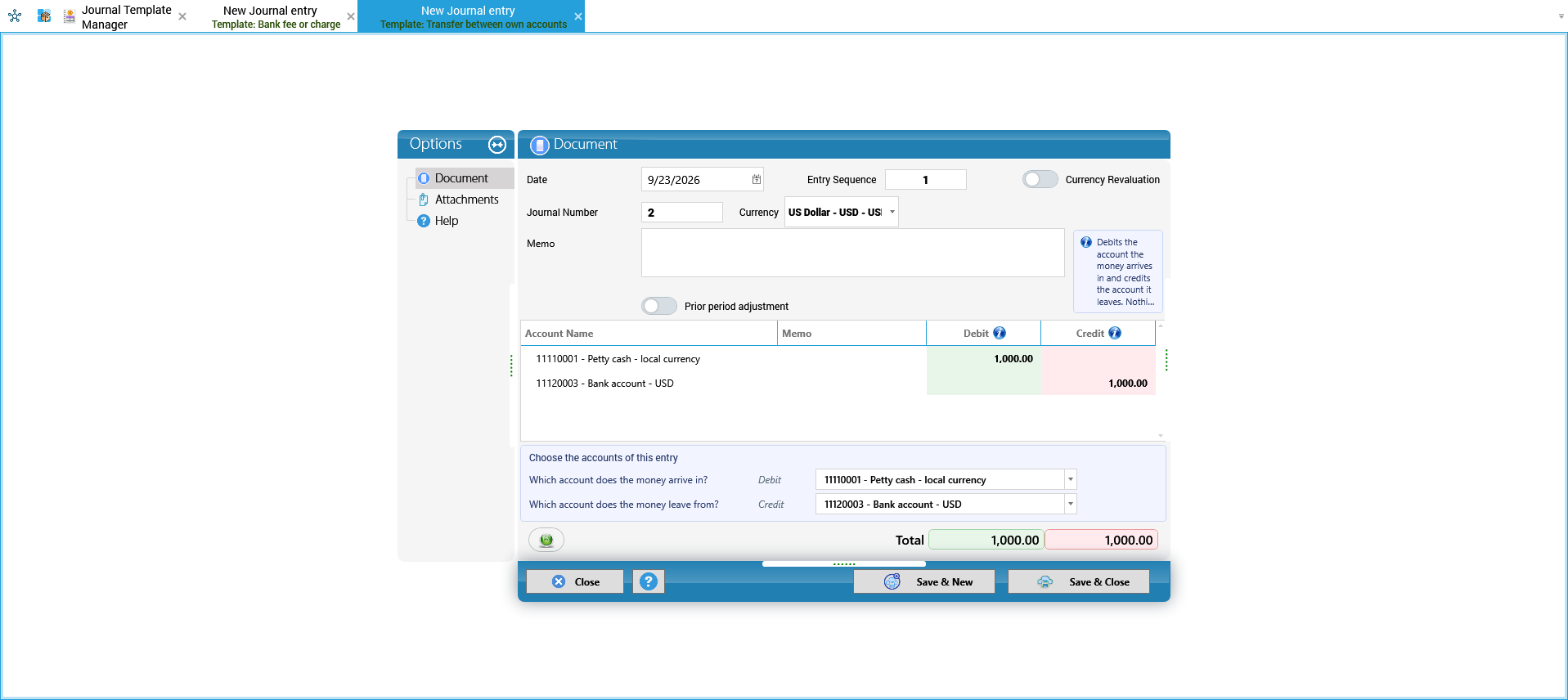 A transfer between own accounts, with its two accounts picked