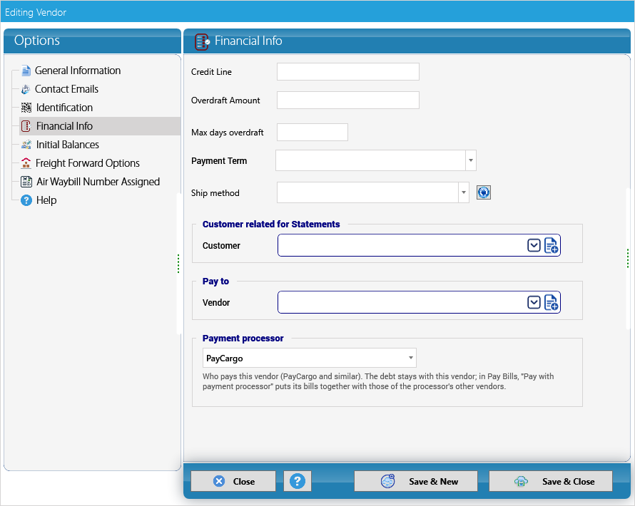 The vendor record with its payment processor
