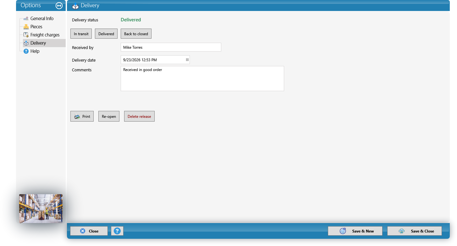 Delivery: status, received by and actions