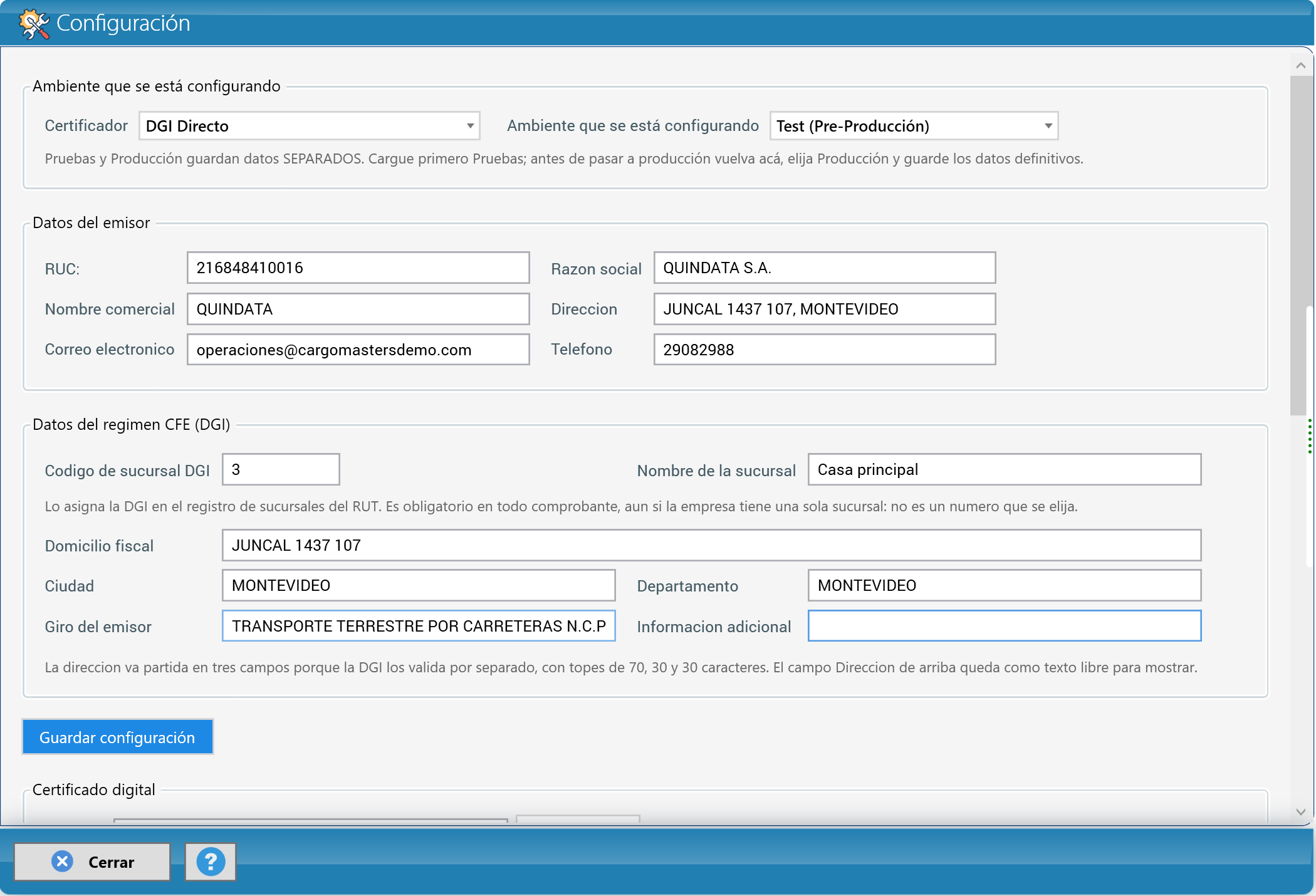 Configuración: emisor y régimen CFE