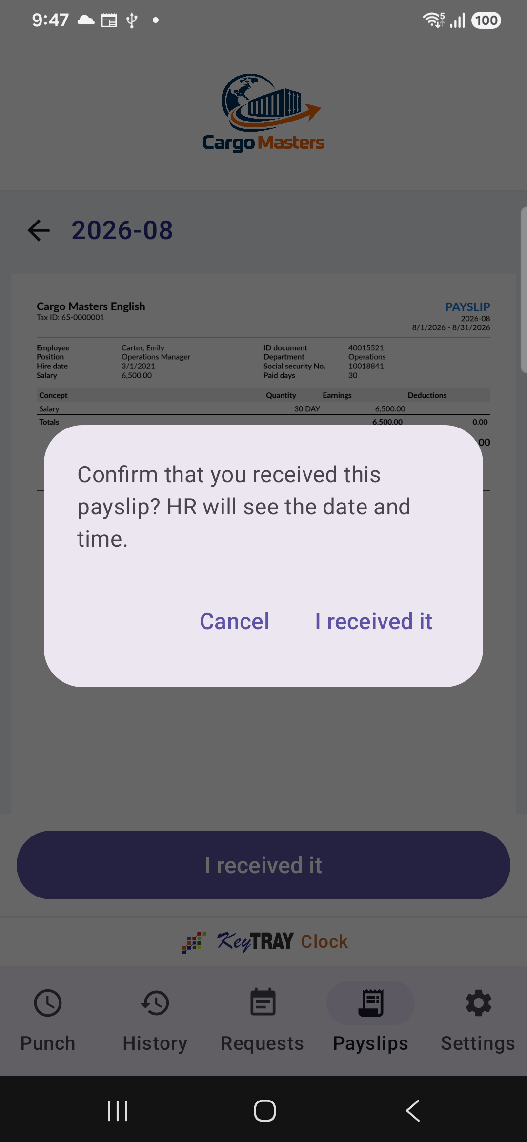 Confirming the payslip