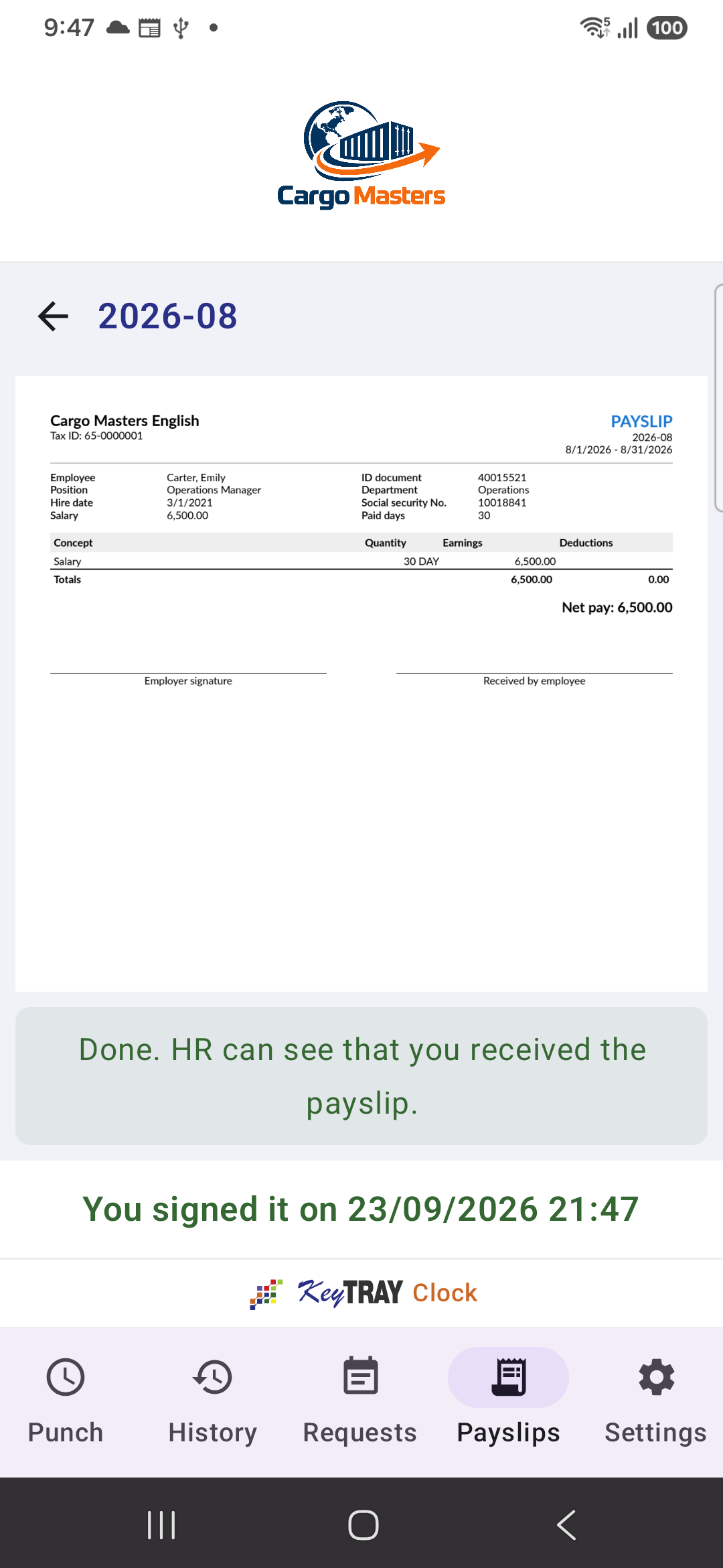 Signed payslip