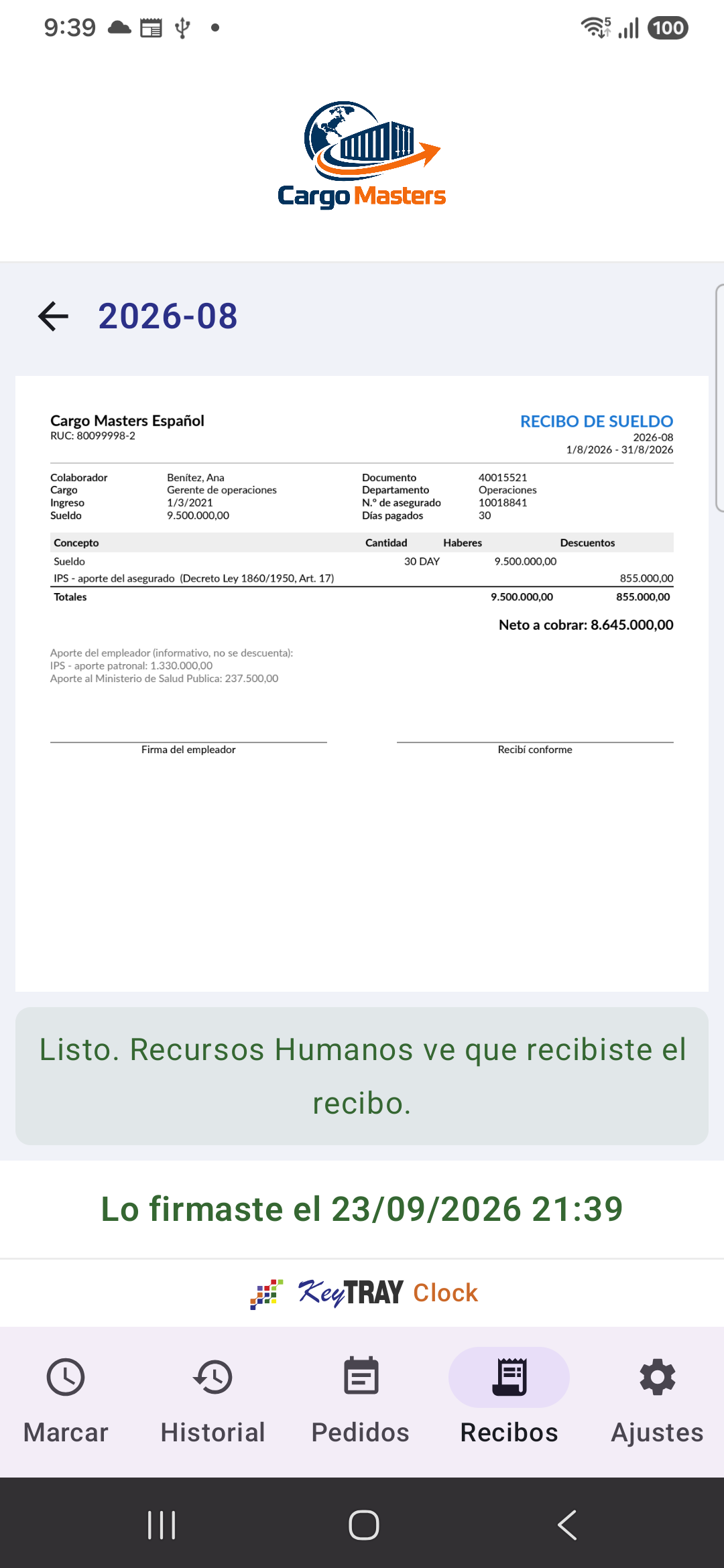 Recibo firmado