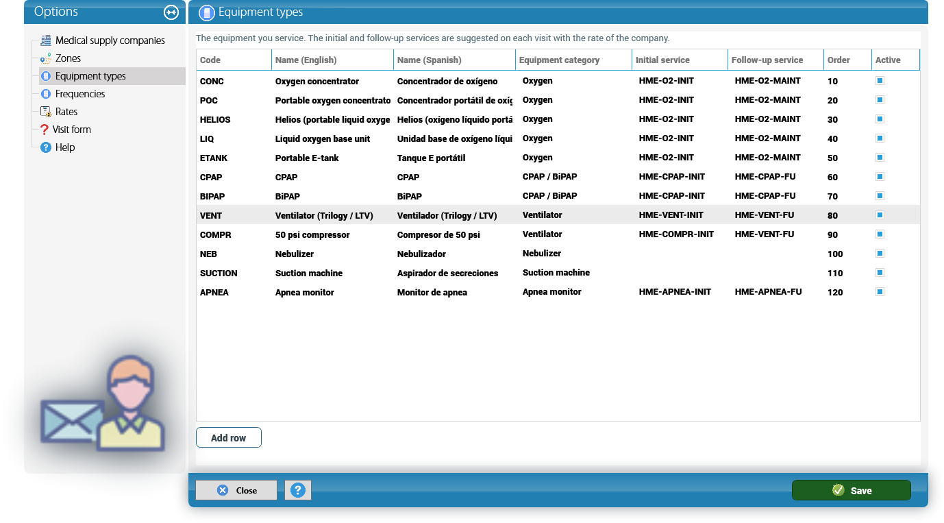 HME Setup: equipment types and their suggested services