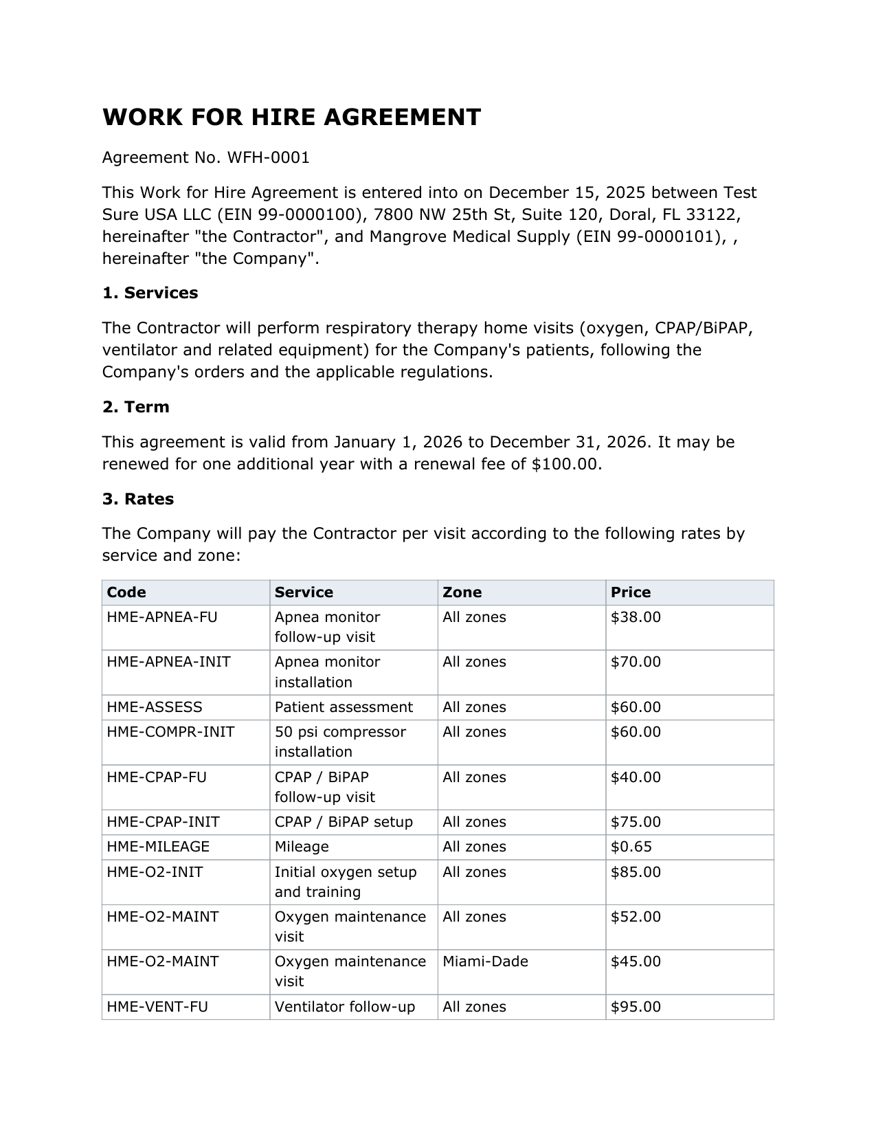 The contract PDF generated from the template