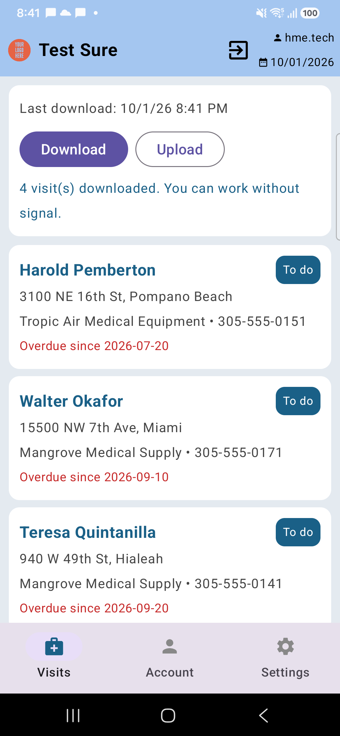 The Visits tab of the phone