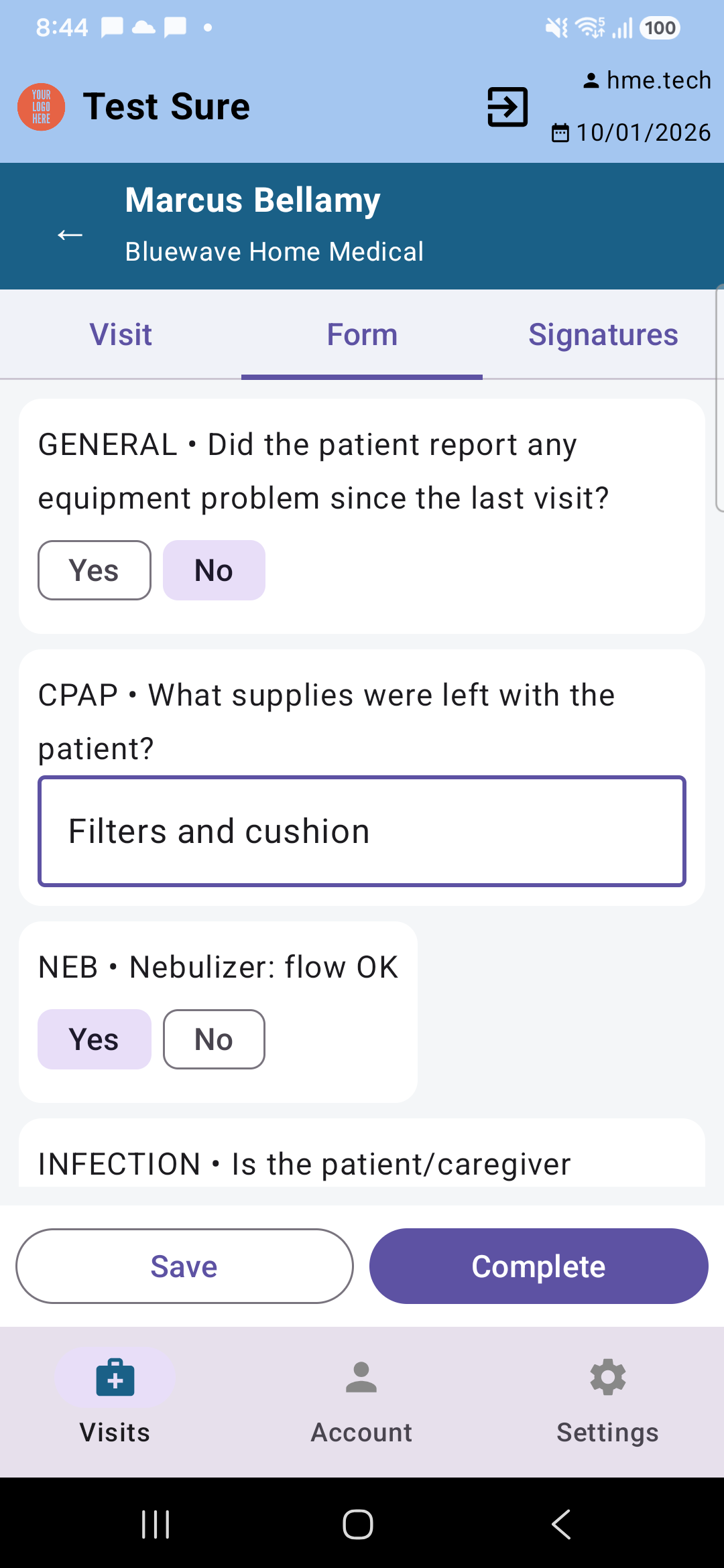 The visit form on the phone