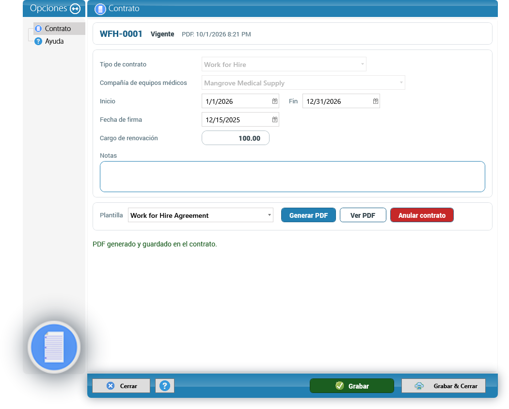 Un contrato Work for Hire con su PDF