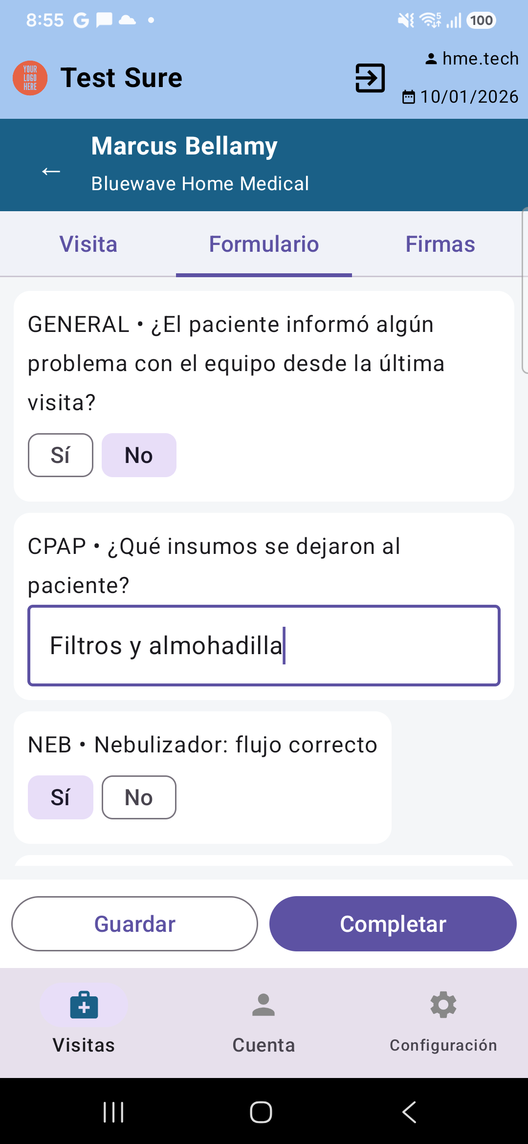 El formulario de visita en el teléfono