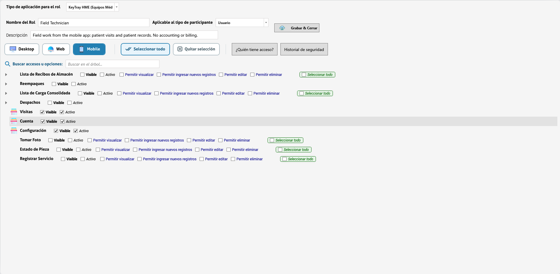 El rol Técnico de campo en el editor de roles